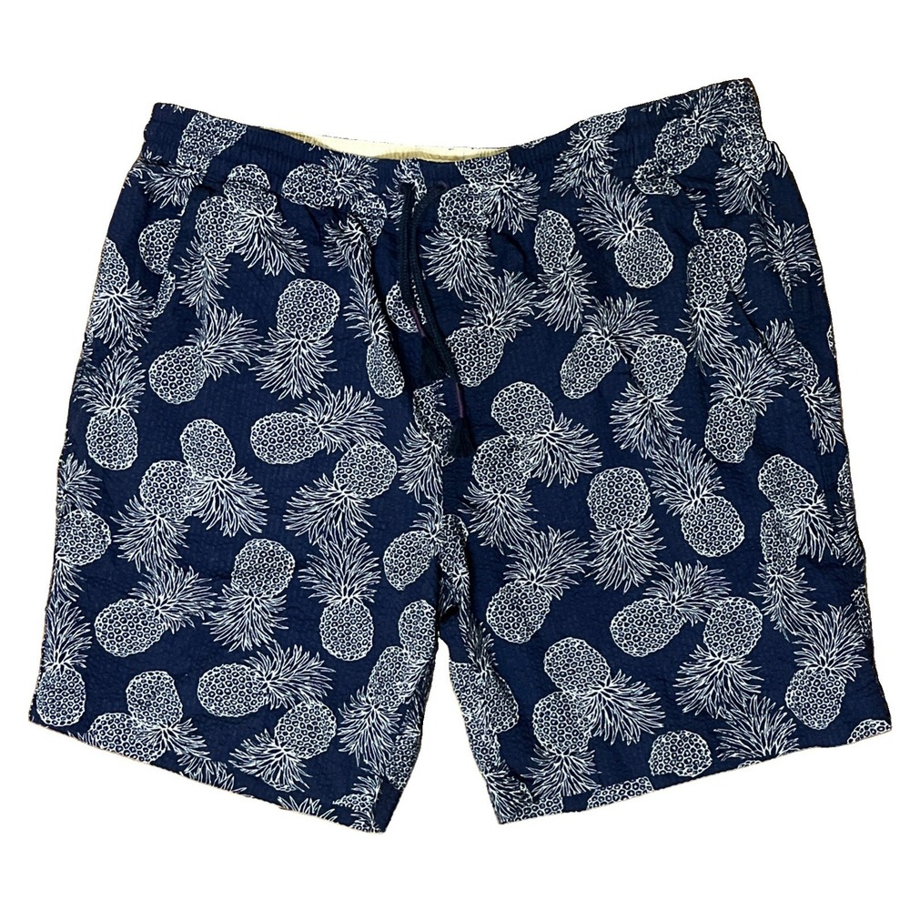 Nifty Genius 7" Shorts Mens L Navy Blue Pineapple Seersucker Flat Front Pockets